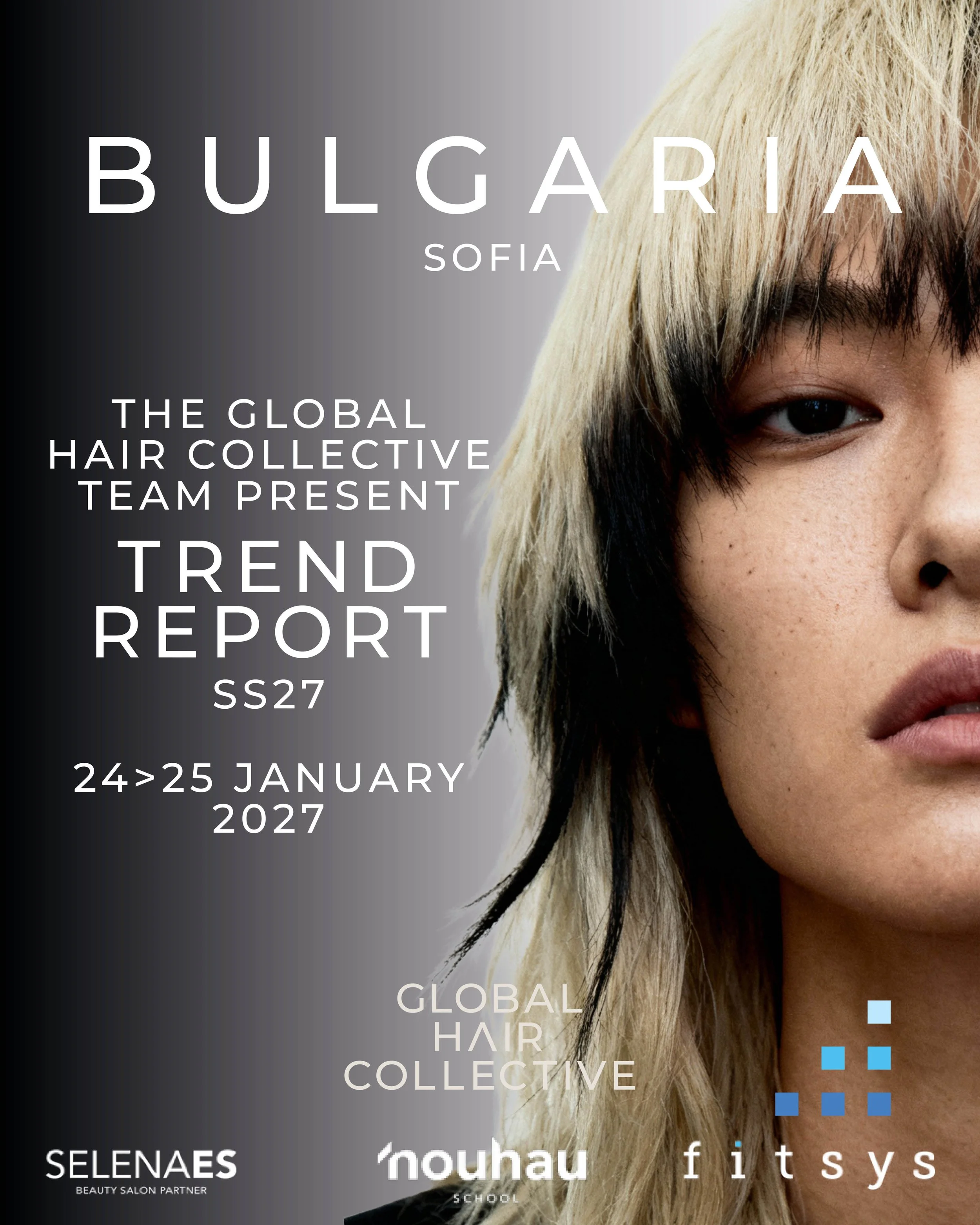 Cover page of a trend report with text and a close-up of a woman's face with blonde and dark hair, partial view.