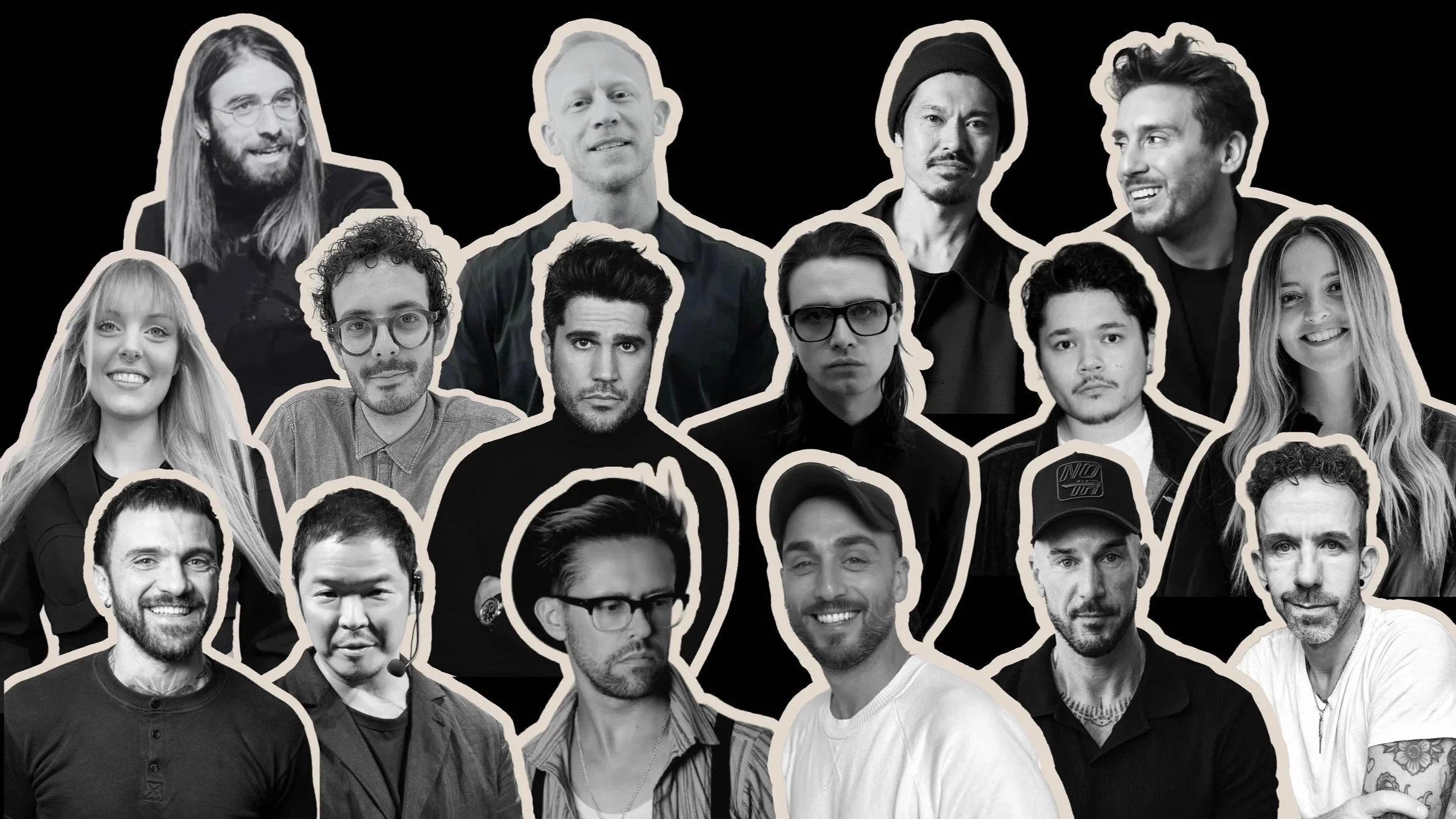 Collage of black-and-white photos of diverse people with outlined borders on a black background.