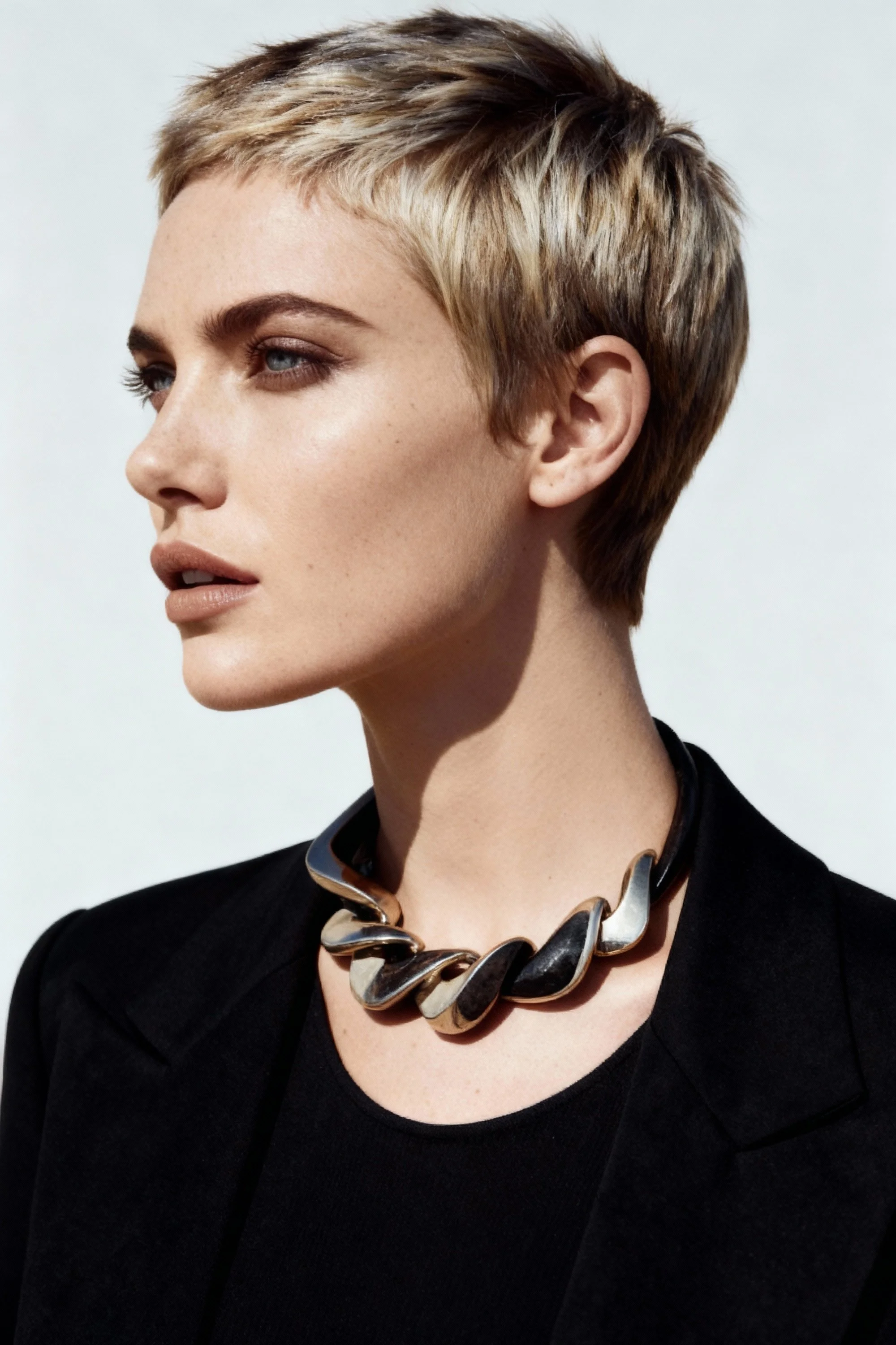 A woman with short, styled blonde hair wearing a black top and a chunky metallic necklace.