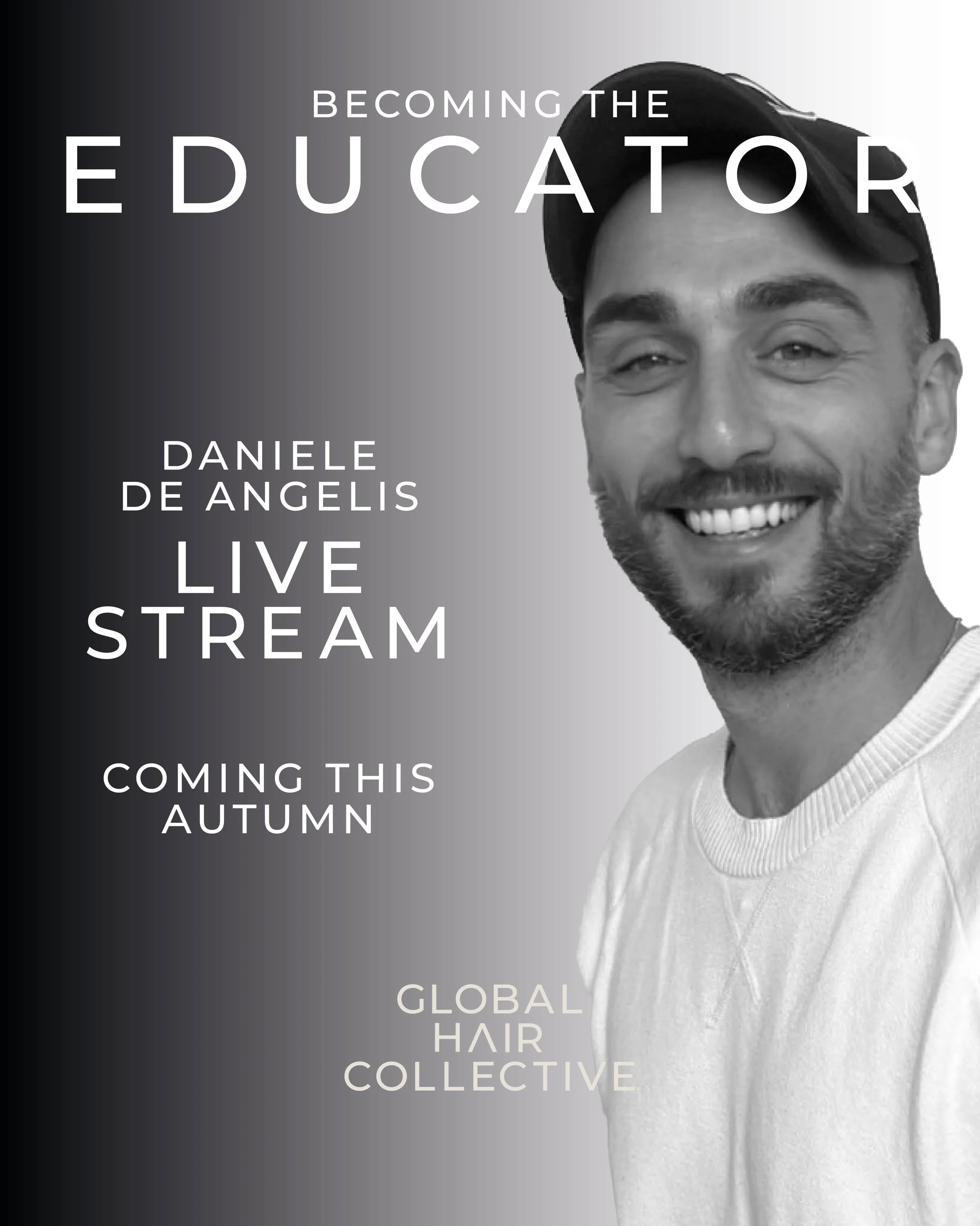 Promotional poster featuring a young woman with short blonde hair, blue eyes, and natural makeup, advertising beauty and hairstyling services with text overlays about becoming an educator, live stream events, and upcoming autumn collections.