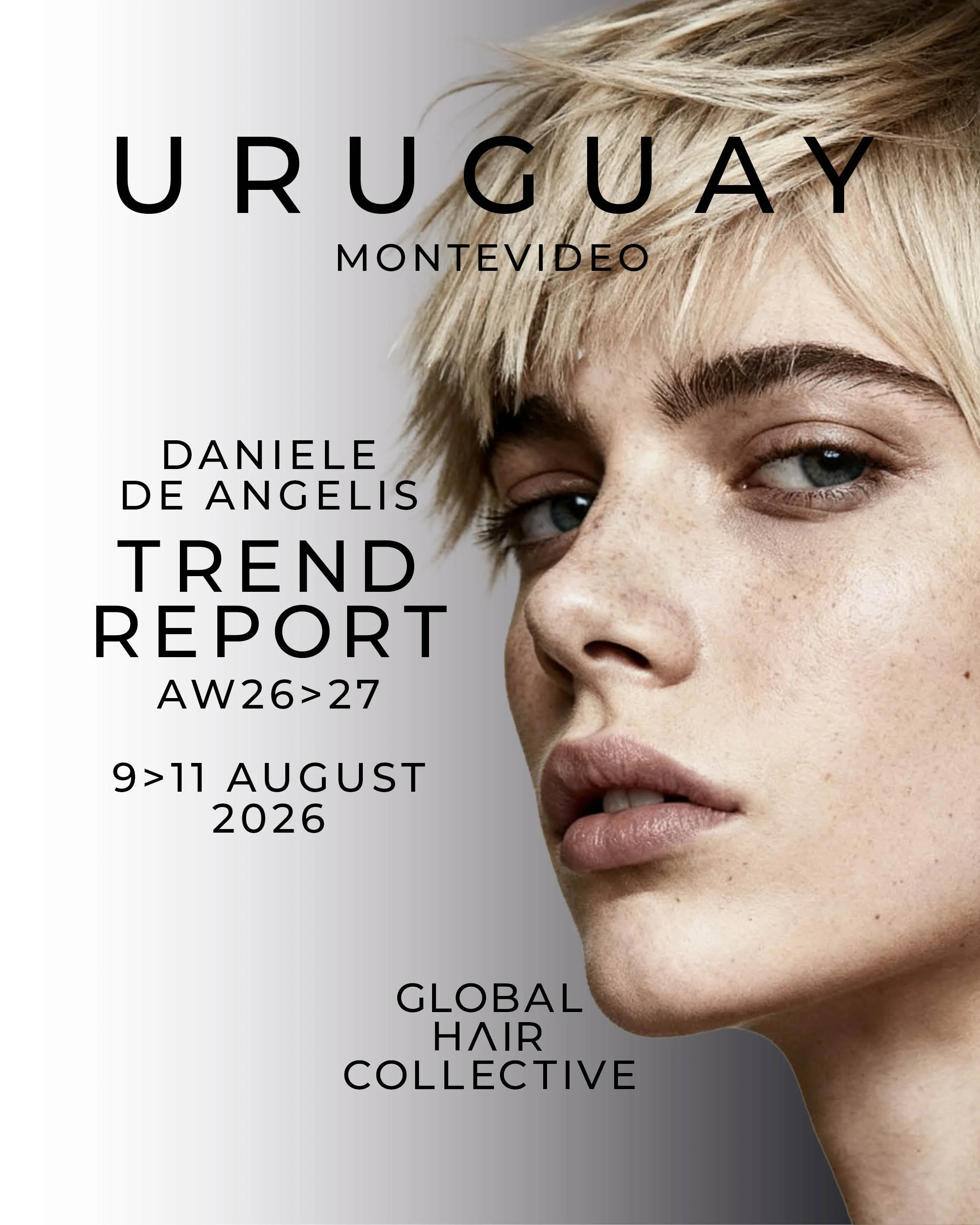 Cover of a report titled 'Uruguay Montevideo Trend Report AW26-27' featuring a close-up of a woman with short, blonde, textured hair and blue eyes, and black text overlay.