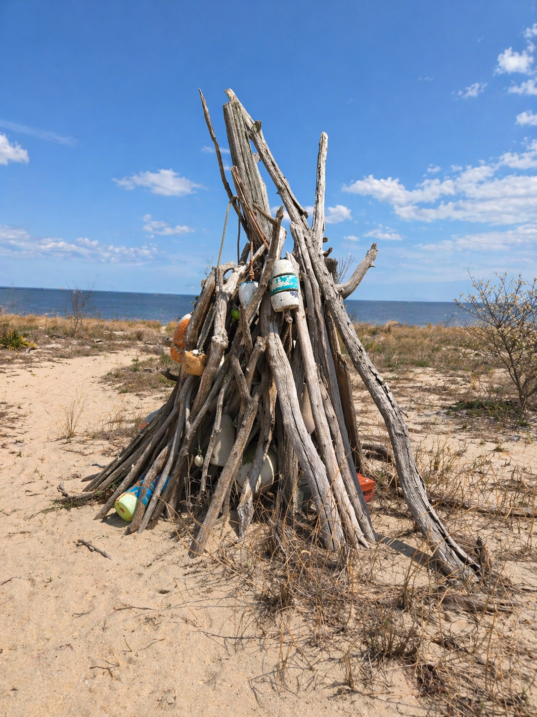 Treasure Tree! made from driftwood and bouys we find on our walks. Please feel free to add any finds but do not remove anything.