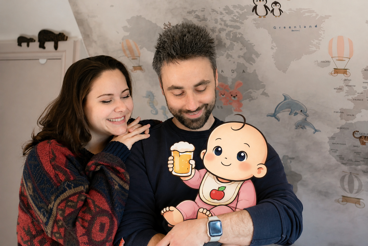 A man and a woman smiling and looking at a cartoon cutout of a baby holding a beer mug, with a world map wall in the background.