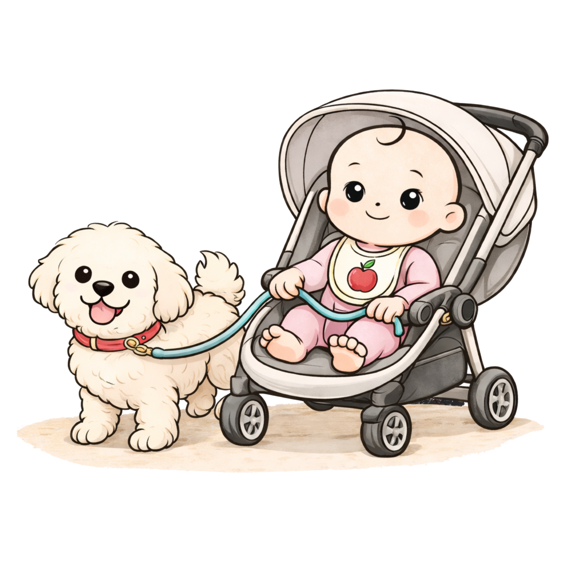 Cute cartoon baby girl sitting in a stroller with a smile, wearing a bib with an apple on it, and holding a leash attached to a fluffy white dog with black eyes and a red collar.