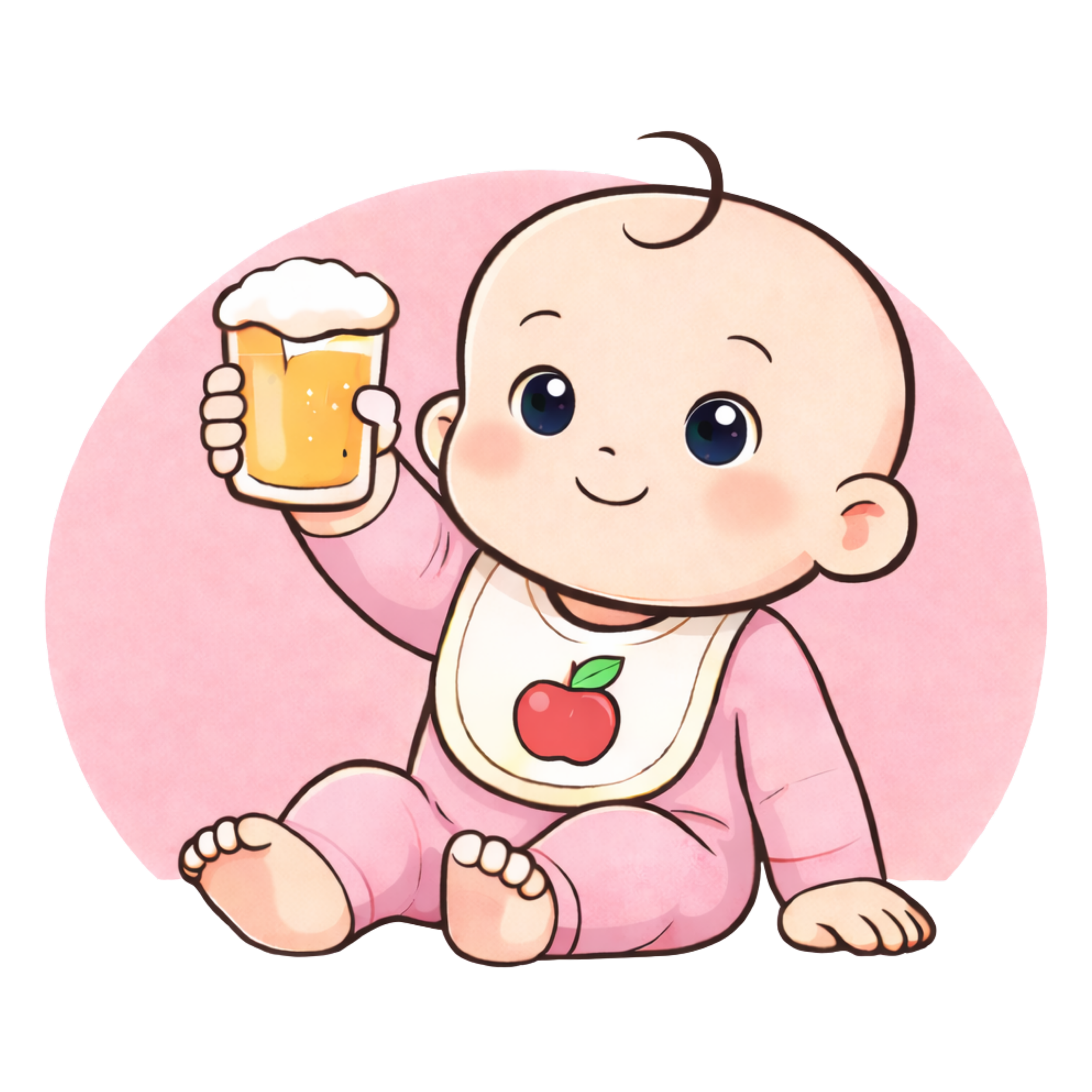 Cute cartoon baby with large blue eyes, holding a glass of beer and smiling, sitting on a pink background.