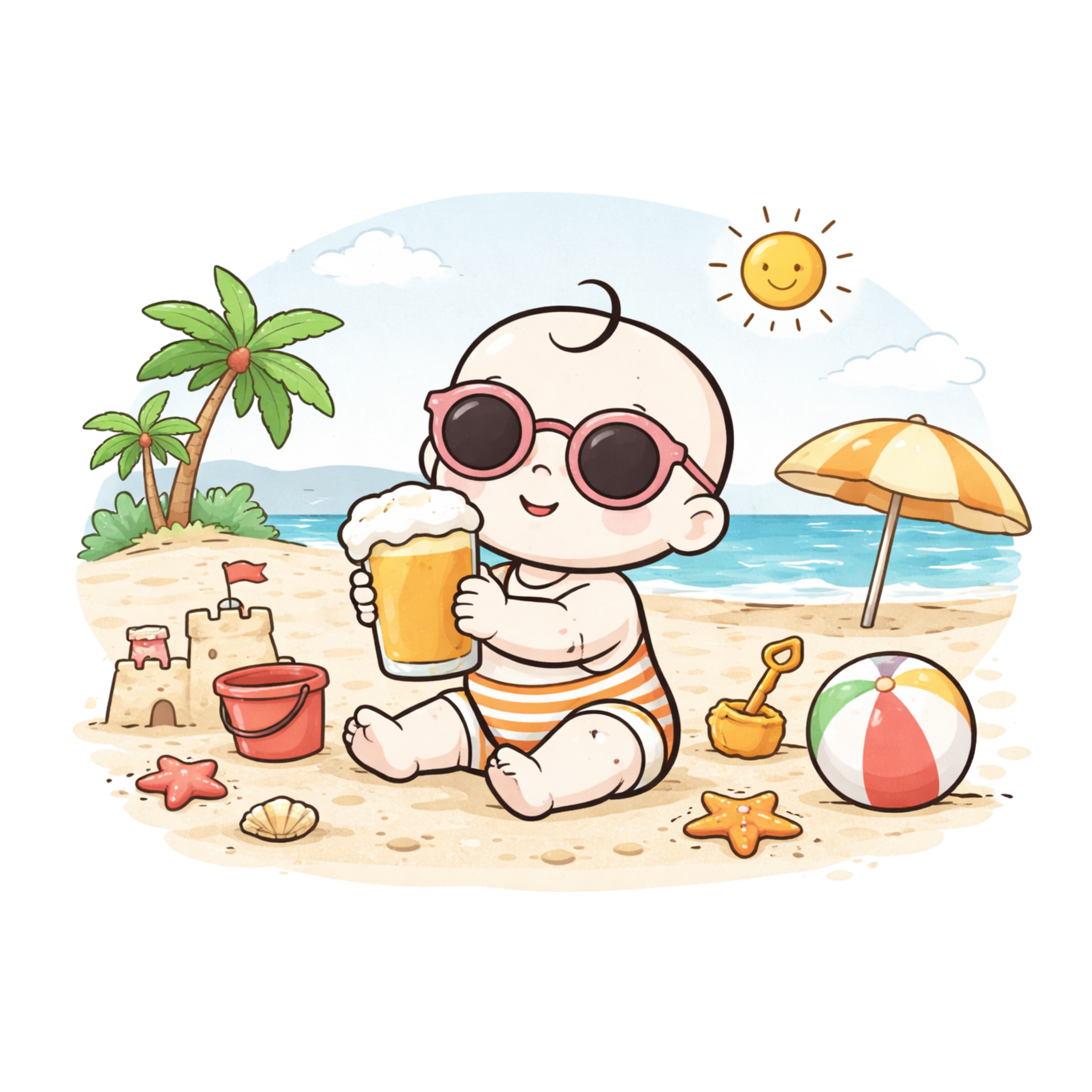 Cartoon illustration of a baby with pink glasses holding a large glass of beer on a beach with palm trees, sandcastle, umbrella, and a beach ball, under a smiling sun.