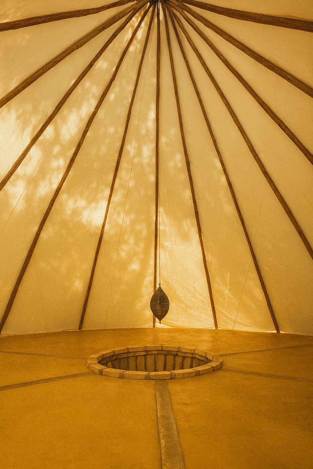 Interior of a teepee with a circular opening at the top and wooden beams radiating outward, with sunlight shining through the fabric walls.
