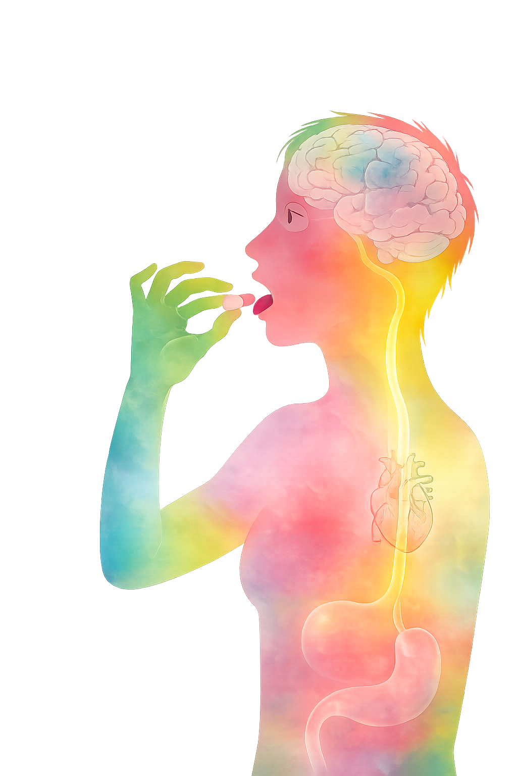 Illustration of a woman applying sunscreen, with an overlay of her internal body showing brain, heart, and digestive system.