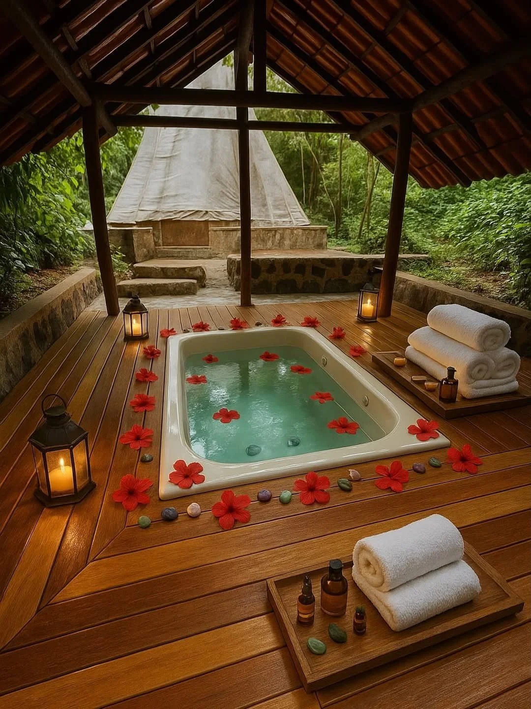 Outdoor spa with a hot tub surrounded by red flower petals and candles, wooden deck with neatly rolled white towels, bottles of spa products, set in a natural garden area under a wooden roof.
