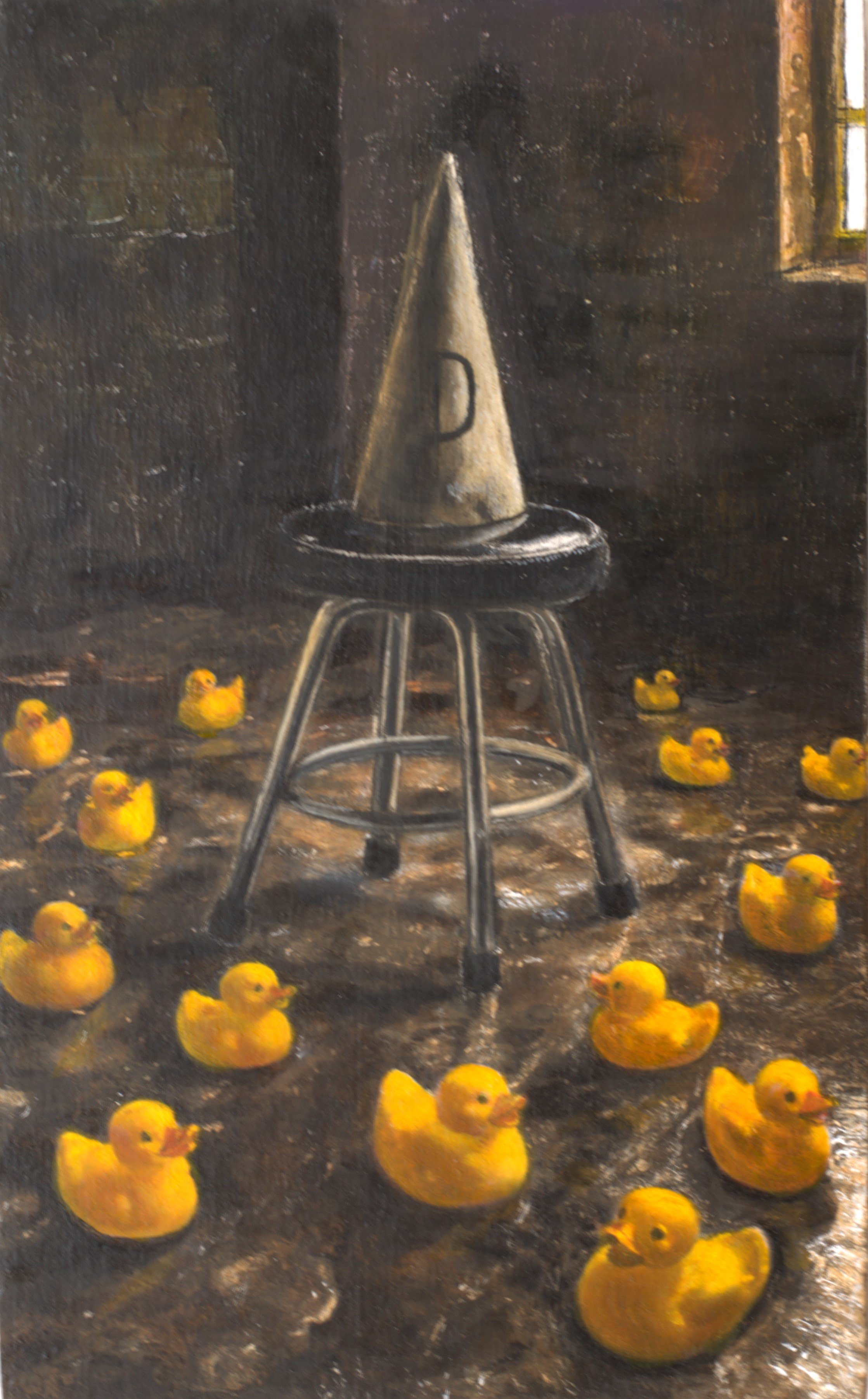 An oil painting of a metal chair with a cone-shaped sculpture on top, surrounded by yellow rubber ducks on a dark floor in front of a dimly lit window.