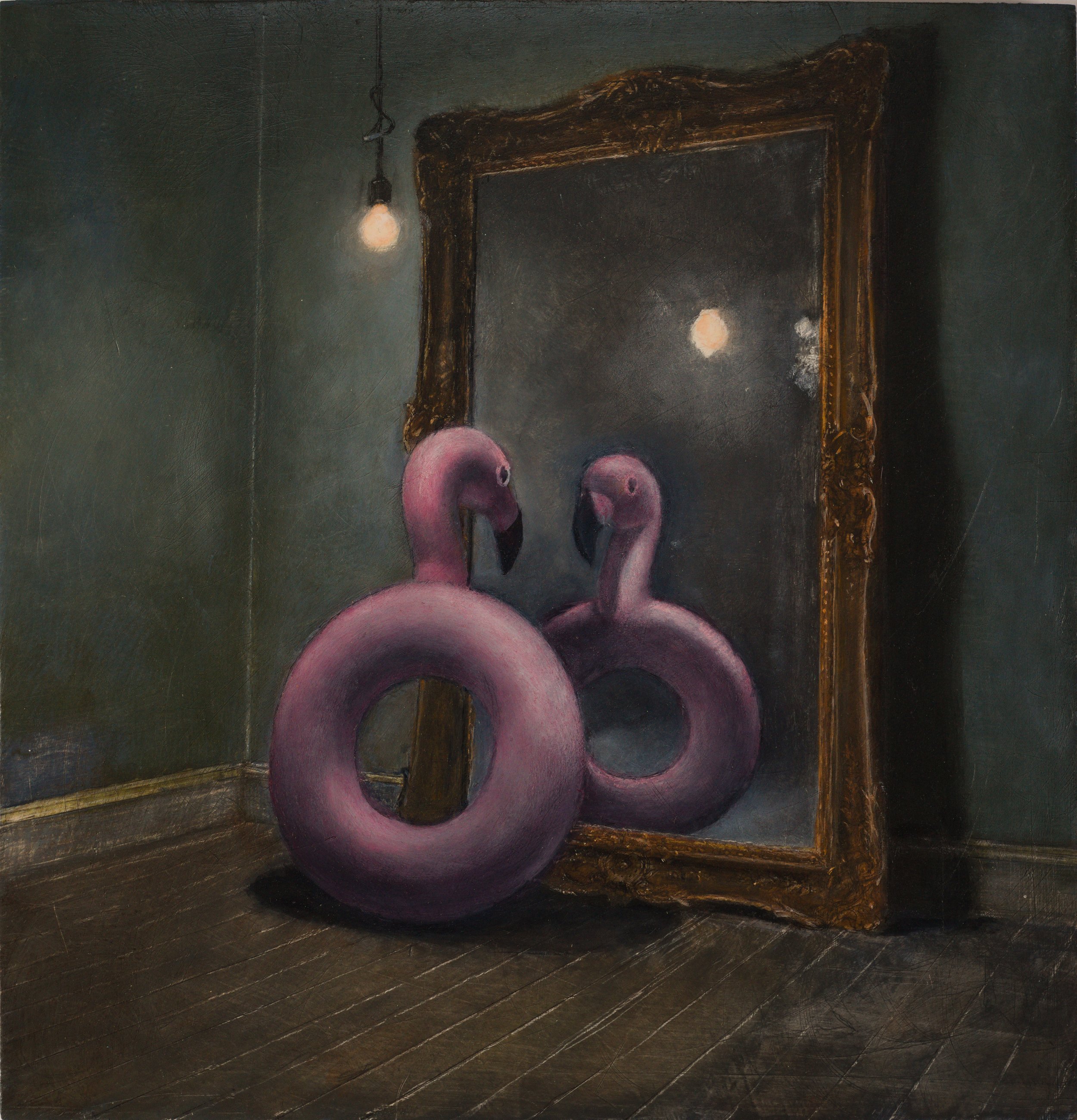 Suit Yourself Suit Yourself by Les Boonekamp. Oil and egg tempera painting of an inflatable flamingo ring on the floor of a bare room at night, leaning against a mirror, its head lowered.
