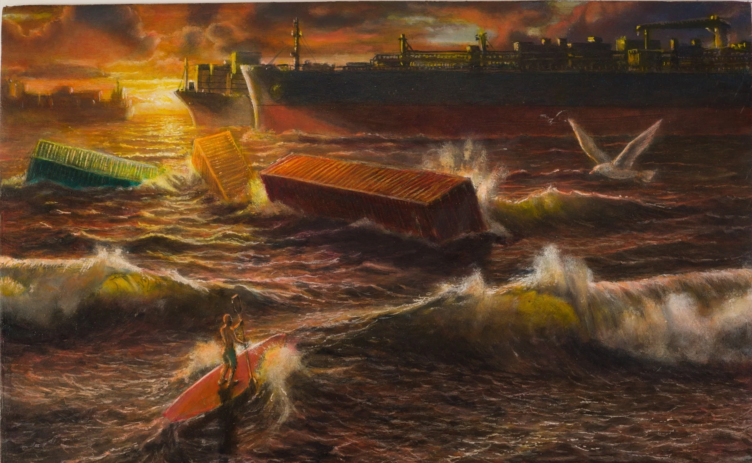 Market Corrections 2 Market Corrections 2 by Les Boonekamp. Oil and egg tempera painting of shipping containers in a heavy sea at dusk under a red sky, with a boy on a paddleboard in the trough of a breaking wave.