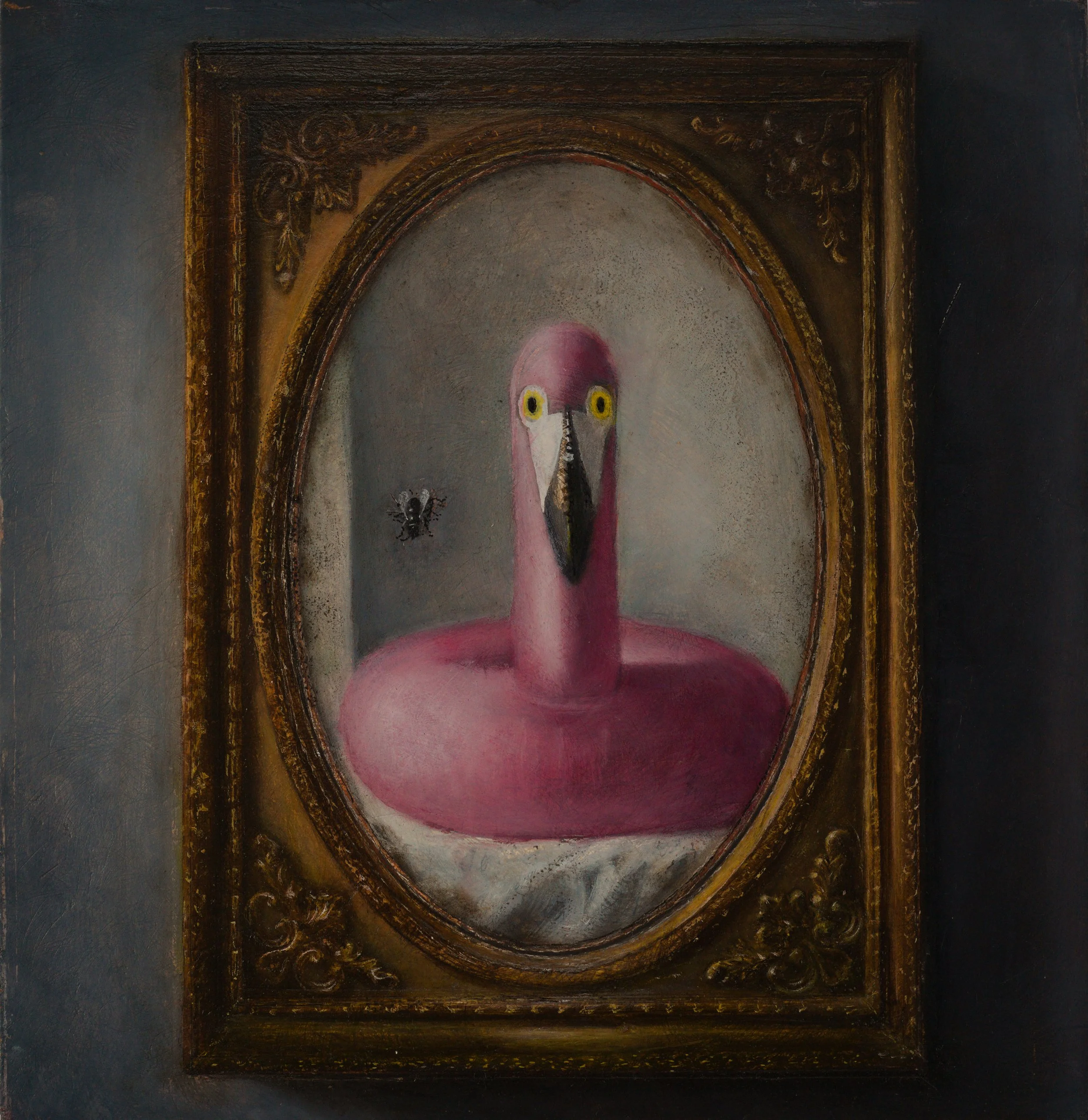 The Admirer The Admirer by Les Boonekamp. Oil and egg tempera painting of an inflatable flamingo ring seen frontally in an oval gilt mirror, with a fly settled on the glass.