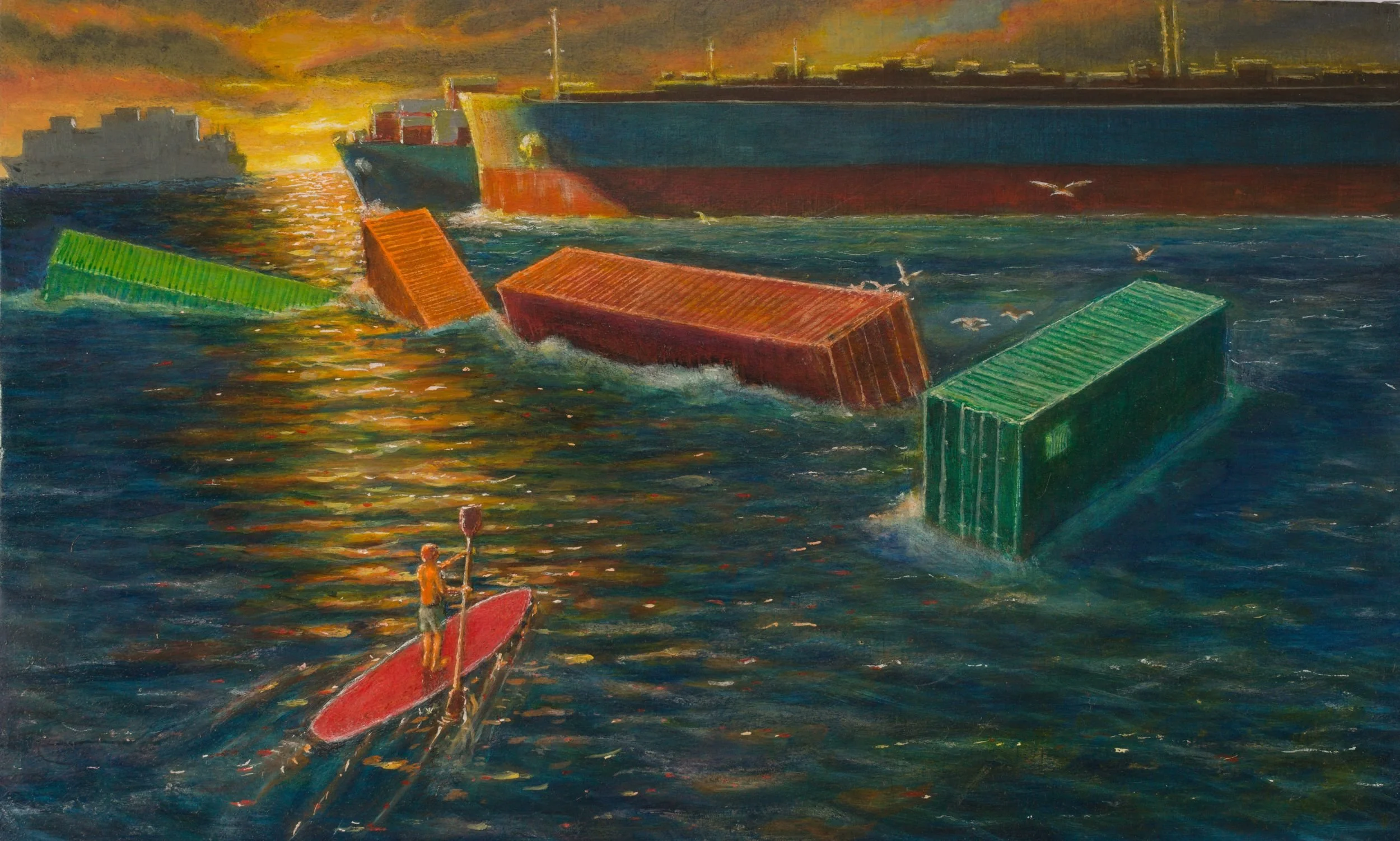Market Corrections 1 Market Corrections 1 by Les Boonekamp. Oil and egg tempera painting of shipping containers floating in calm water at sunrise, a container ship on the horizon, and a boy on a paddleboard in the foreground.
