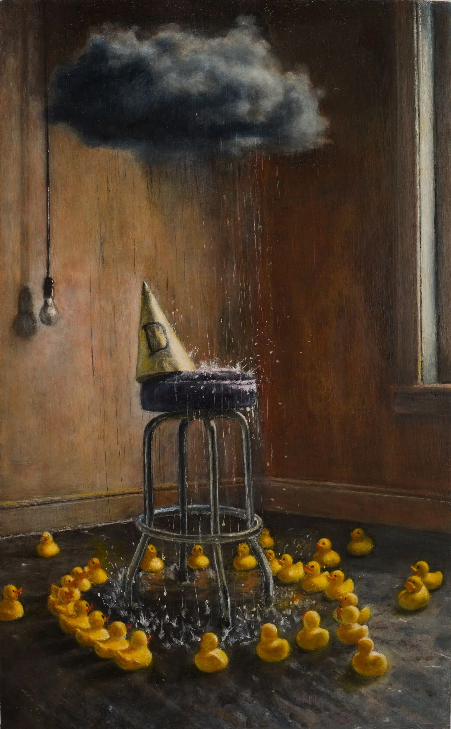Dunce Hat 3 by Les Boonekamp. Oil and egg tempera painting of a dunce cap on an empty stool beneath an indoor rain cloud, surrounded by rubber ducks on a flooded floor.