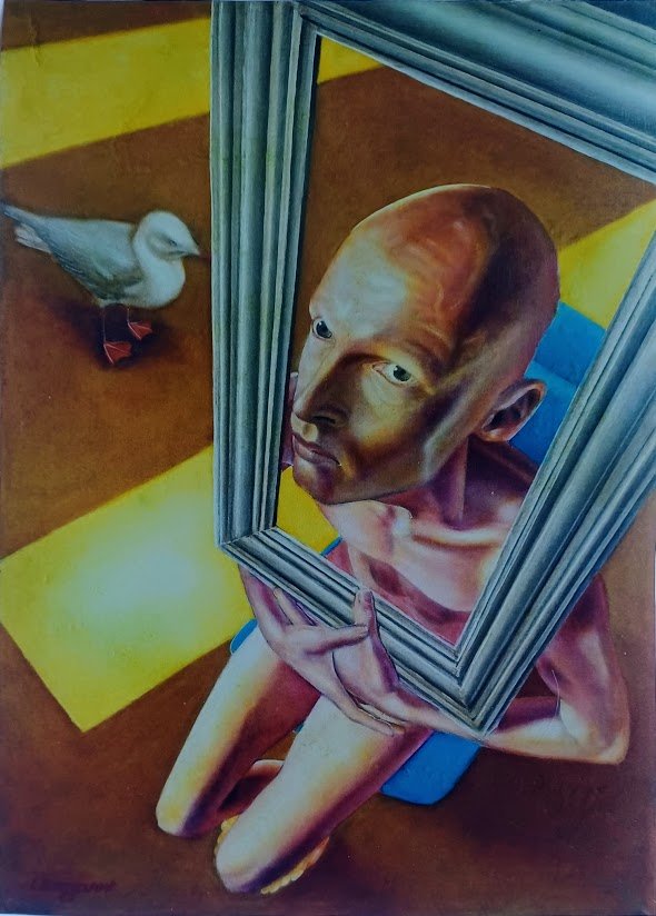 A surreal painting of a confused bald person holding a picture frame. The person is sitting on a blue chair, and a seagull with orange legs and feet stands on a yellow sunlit floor in the background.