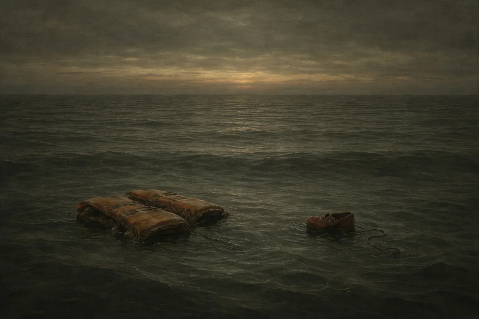 A seascape with a cloudy sky, a small sunrise or sunset horizon, and an object floating in the water: a single worn-out shoe attached to a rope, and two worn-out packages or bags.