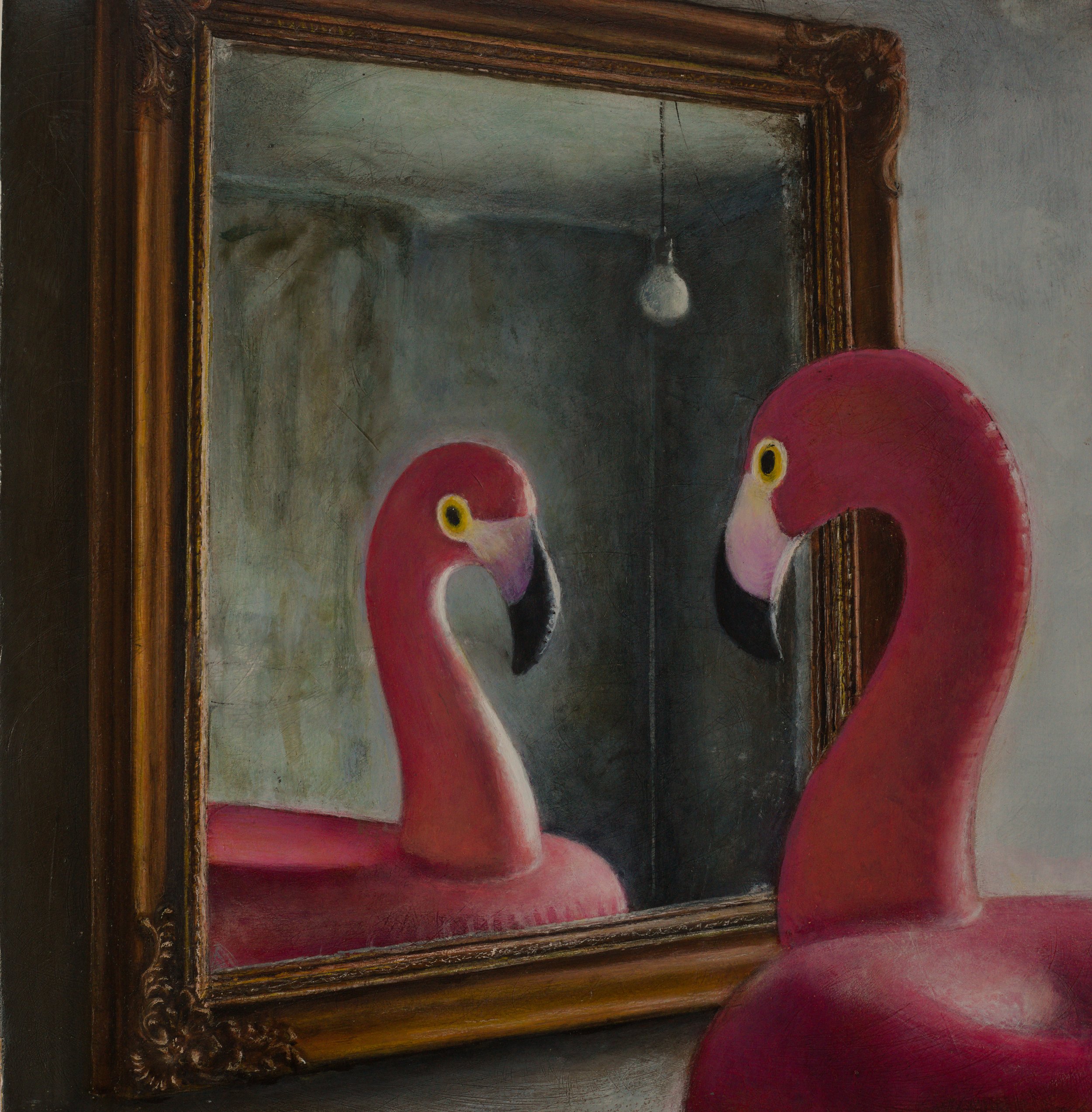 Company Company by Les Boonekamp. Oil and egg tempera painting of an inflatable flamingo ring facing its own reflection in a gilt-framed mirror, the two heads almost touching.