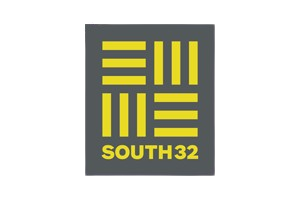 Logo with yellow geometric shapes and the text 'SOUTH 32' on a dark background.