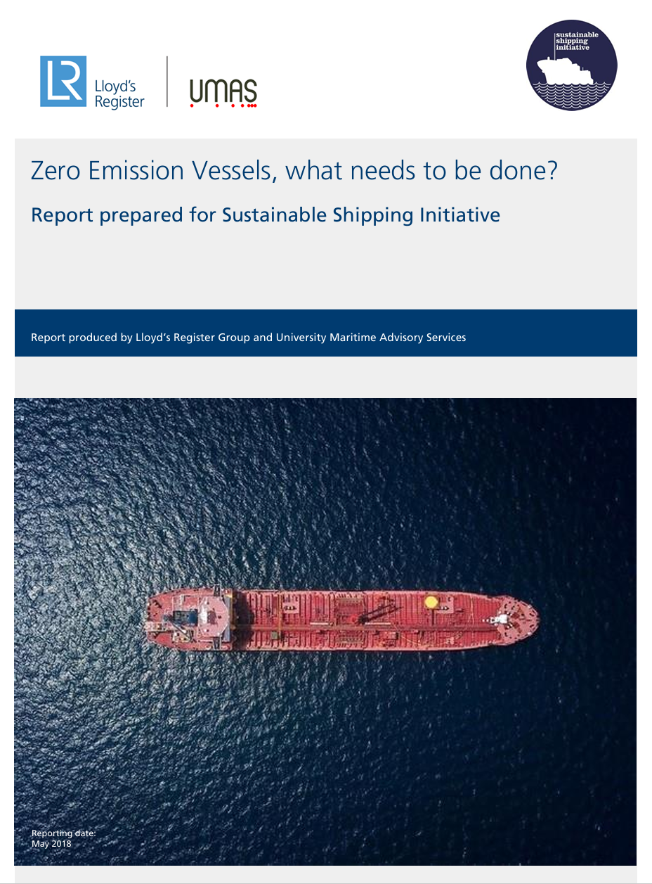 Cover of the Zero Emission Vessels Report with Lloyd's Register, UMAS, and the Sustainable Shipping Initiative