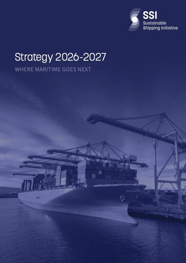 Cover page of SSI Strategic Plan 2026-2027 featuring a large cargo ship at a port with cranes in the background, under a cloudy sky.