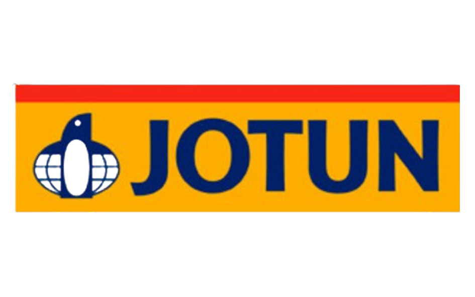 Jotun logo with yellow background, red stripe at the top, and a blue and black emblem to the left of the company name.