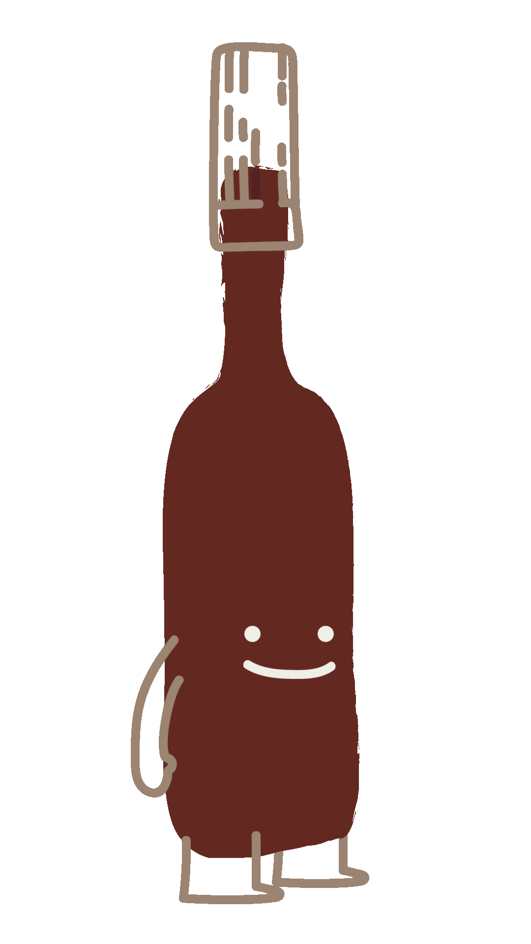 Une bouteille de boisson avec un visage souriant dessiné dessus, ayant des bras et des jambes
