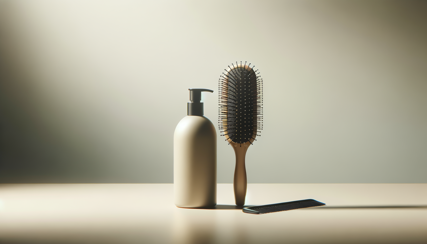 A hairbrush with a wooden handle, a black hair comb, and a beige pump bottle on a beige surface with a gradient background.