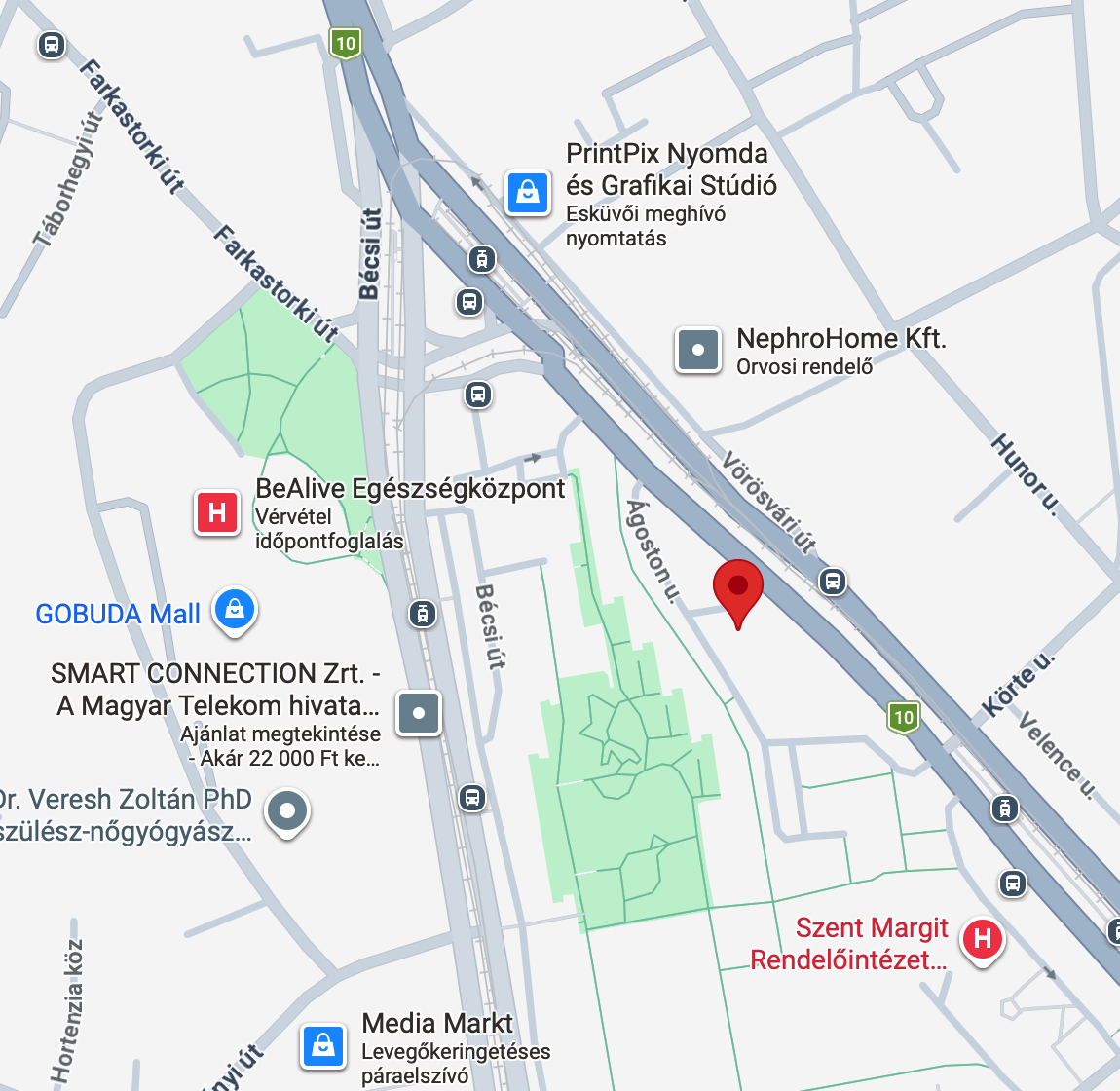 Map showing locations of healthcare facilities, businesses, and transportation in a city, including hospitals, clinics, shopping centers, bus stops, and streets.