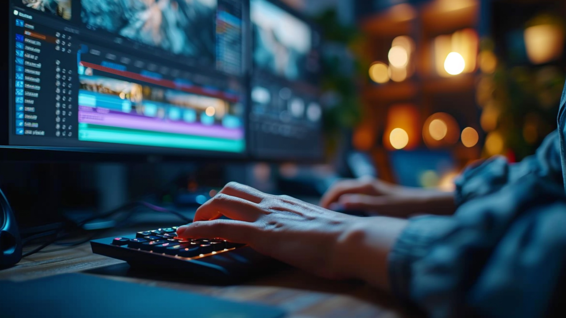 Close-up of a person's hands using a mechanical keyboard in front of a computer monitor displaying a video editing software, with colorful interface and blurred background lights.