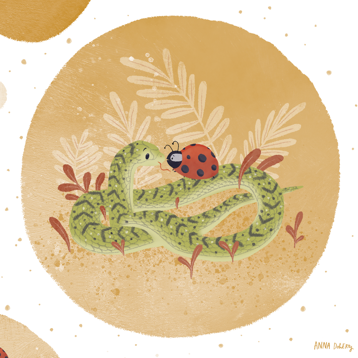 An illustrated snake and ladybug on a sandy ground with plants in the background.