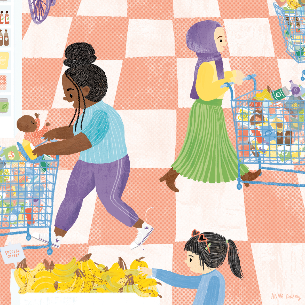 Children shopping in a grocery store, picking out bananas on a display table, with shopping carts filled with groceries around them.