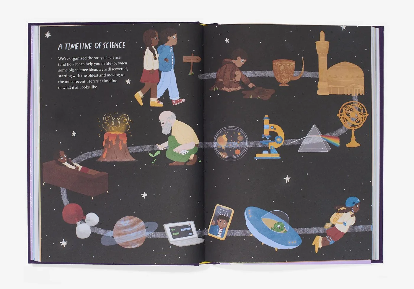 Illustration of the history of science with children and scientists exploring the universe, planets, telescopes, and scientific symbols on a starry background.