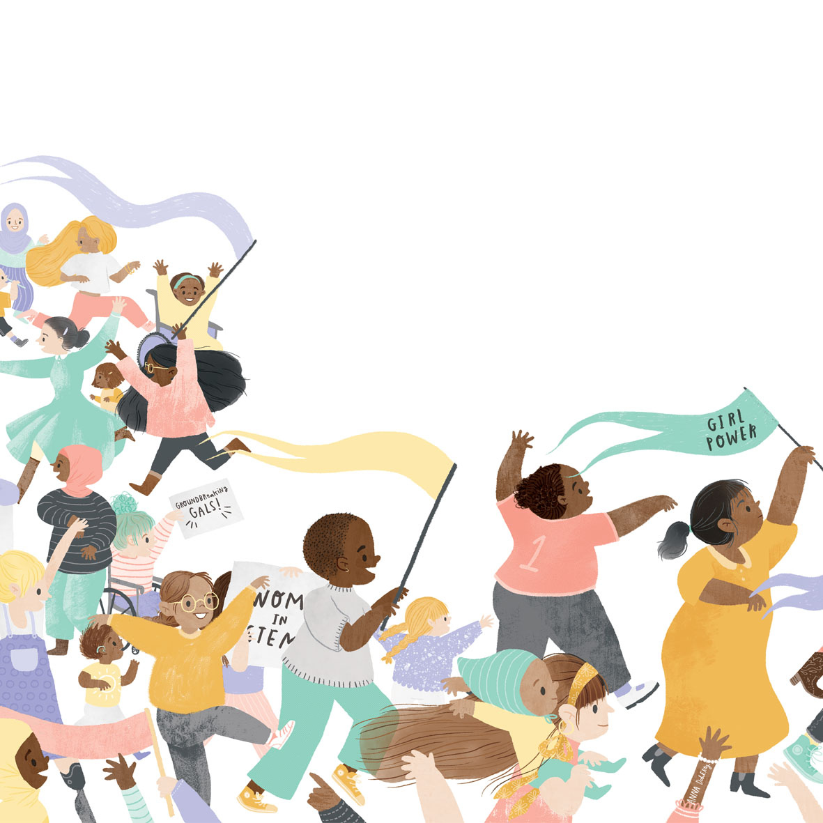 Illustration of diverse girls leading a march with banners, some holding signs with empowering messages, symbolizing girl power and activism.