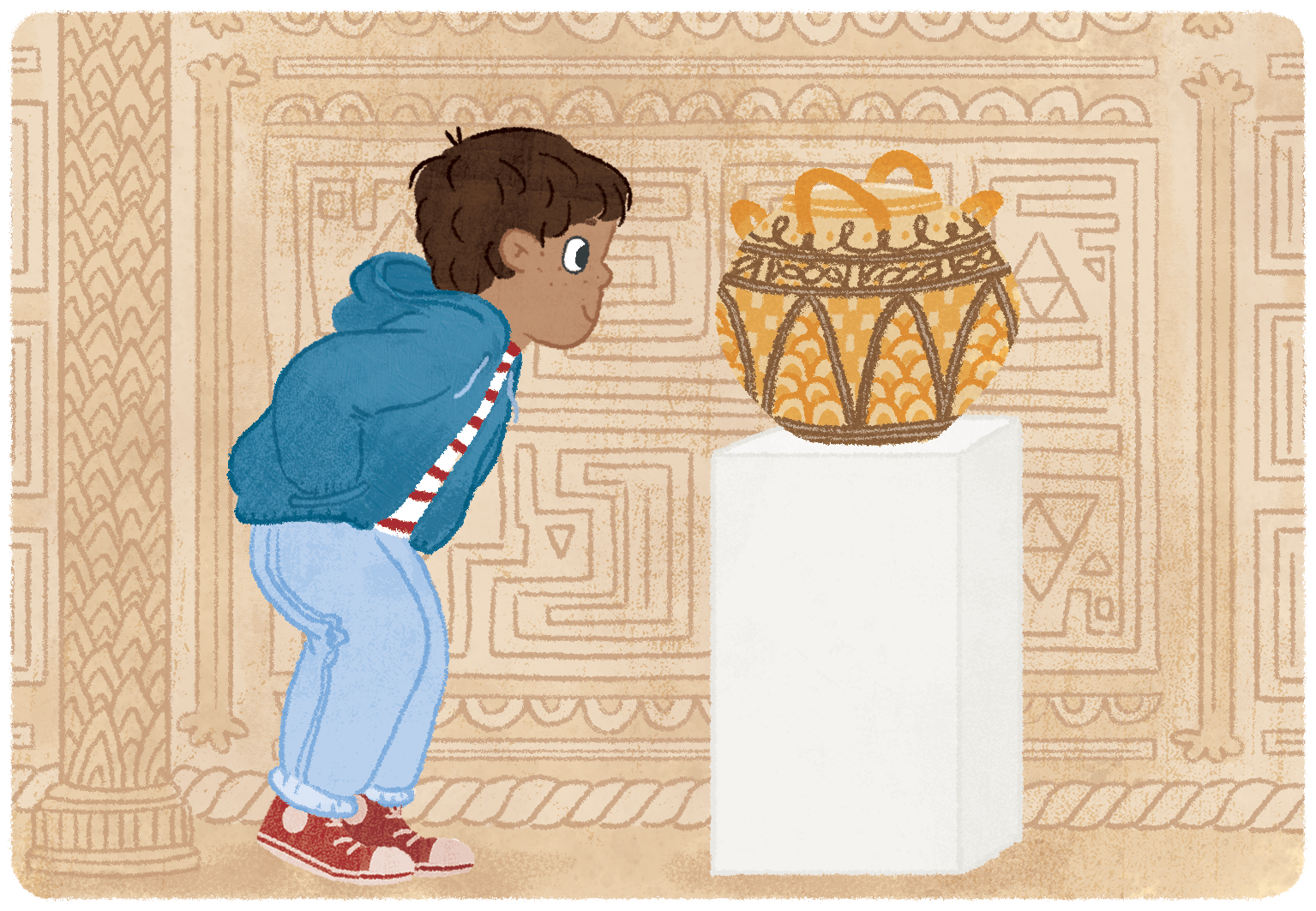 A young boy with brown curly hair, wearing a blue hoodie, red and white striped shirt, light blue sweatpants, and red sneakers, is leaning forward to look at an ornamental vase on a white pedestal inside a museum or art gallery.