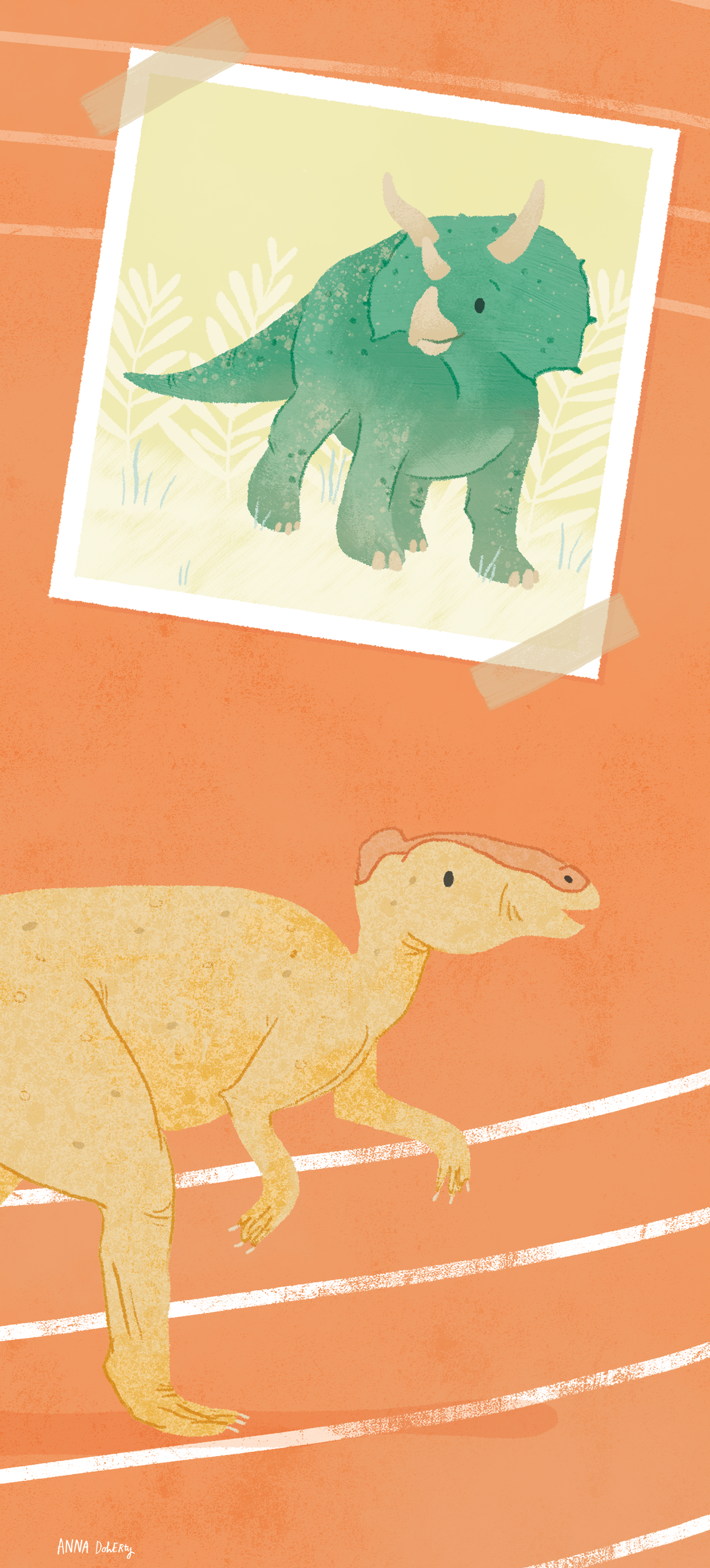 Illustration of a dinosaur's body and a cubist-style picture of a dinosaur head on a wall, with textured orange background.