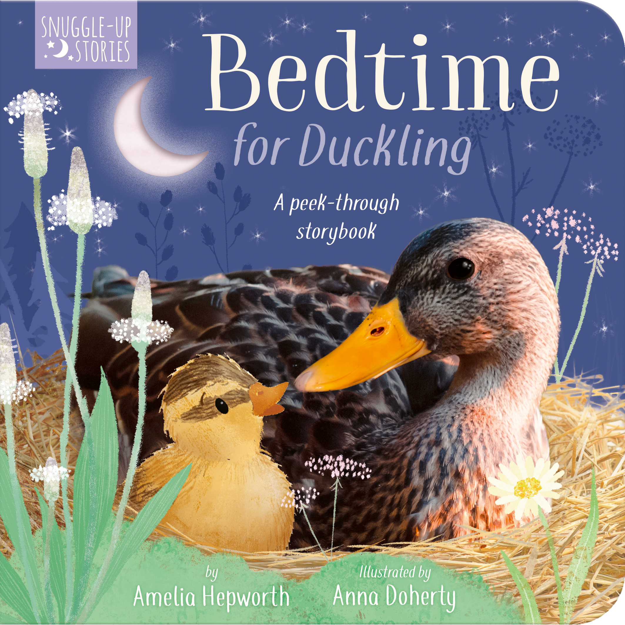 A book cover for 'Bedtime for Ducking,' part of the Snuggle-Up Stories series, featuring an illustration of a duckling, a goose, a gosling, and a rural night scene with a crescent moon, stars, grass, and flowers.
