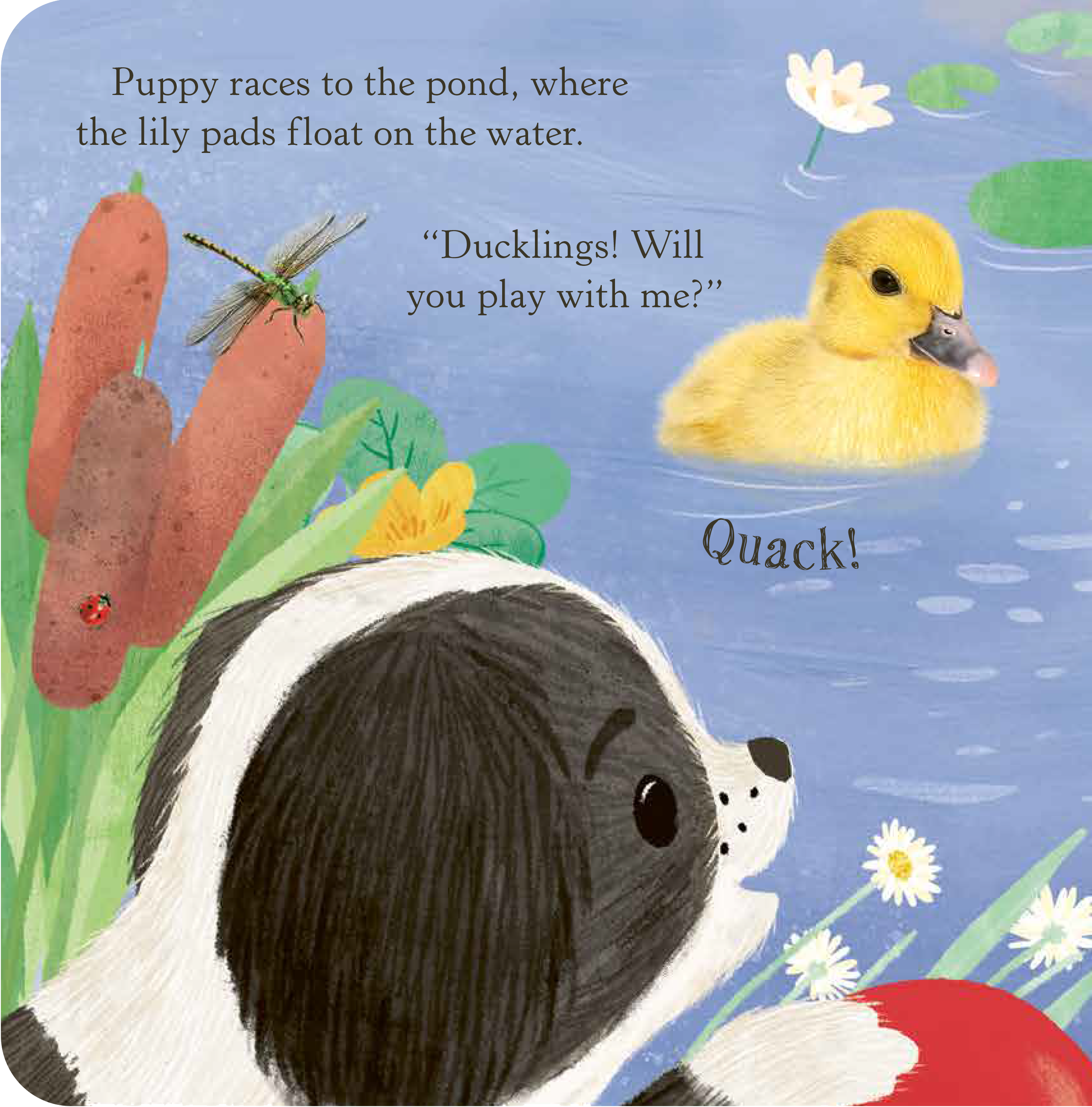 A drawing of a panda bear with a duckling in its mouth, next to a pond with lily pads and flowers, and a duckling floating on the water. The scene includes grass and a ladybug on a leaf.