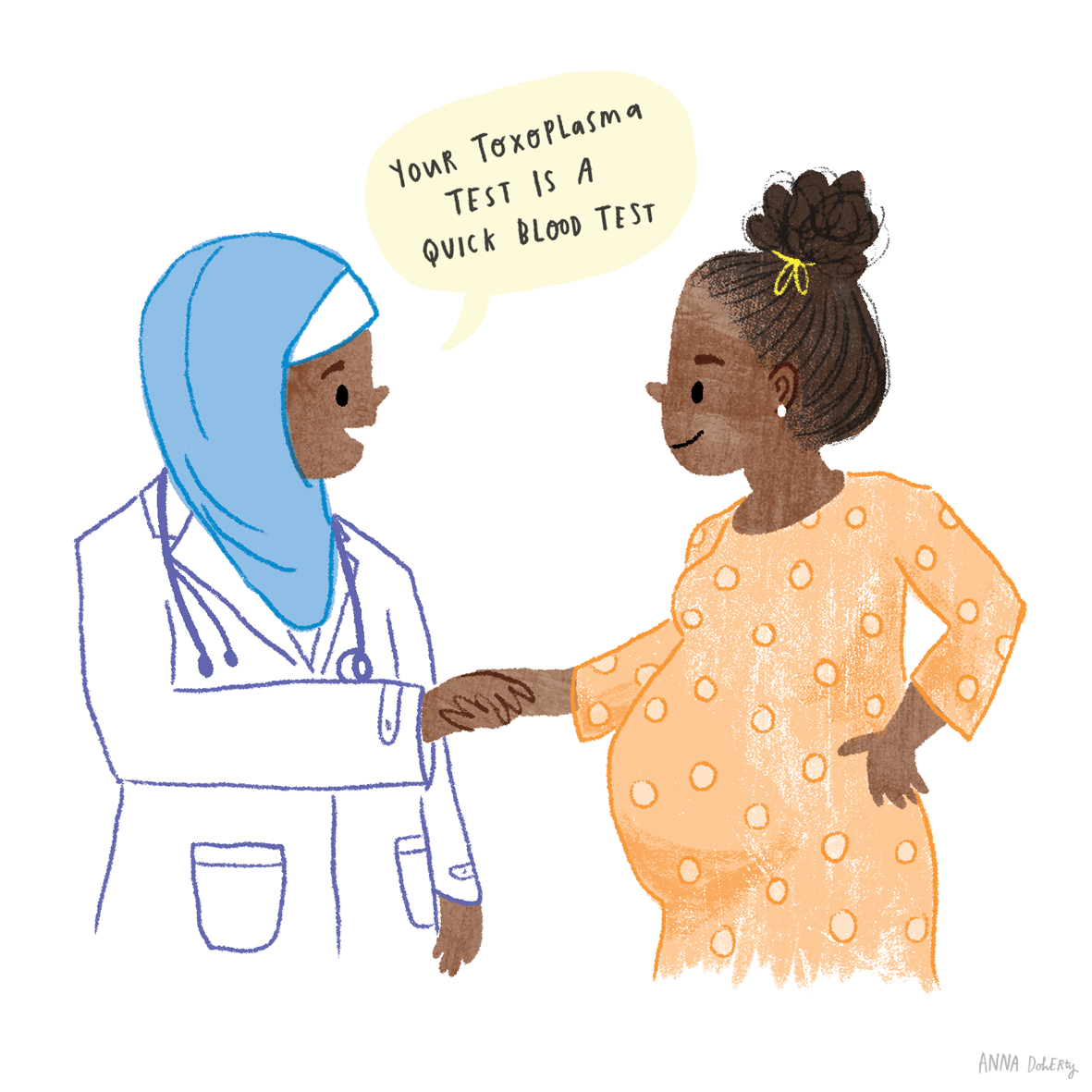 A healthcare professional, wearing a white coat and blue headscarf, shaking hands with a pregnant woman in an orange dress with polka dots. The healthcare professional is saying, "Your Toxoplasma test is a quick blood test."