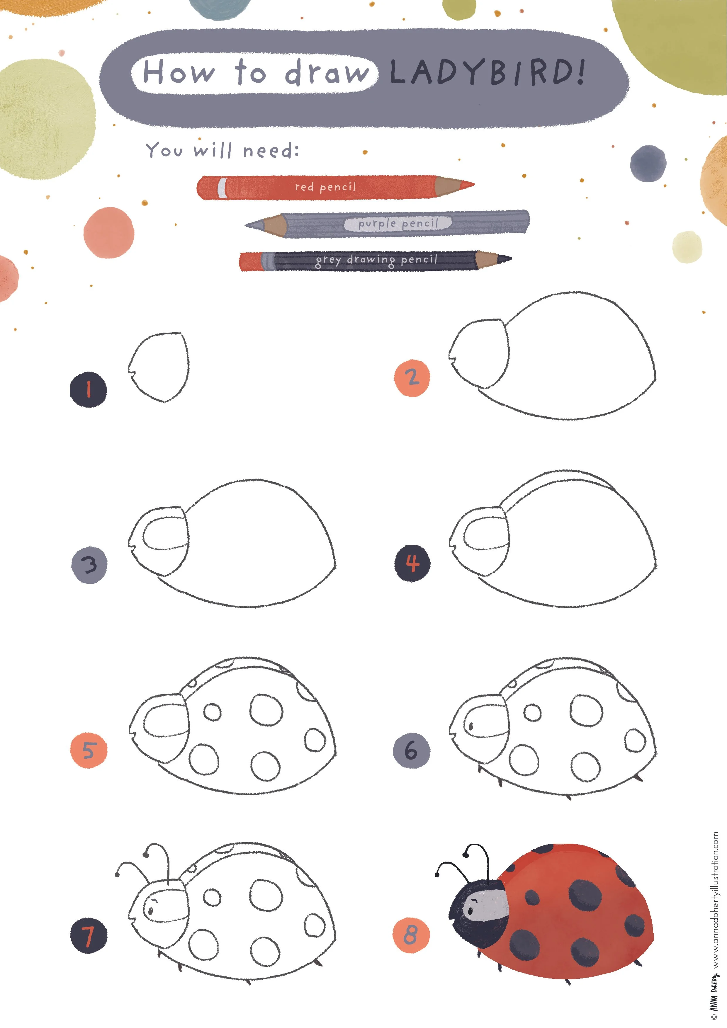 The image is a step-by-step drawing guide for creating a ladybug. It shows a sequence of lines and circles outlining the shape of a ladybug, starting from simple shapes and progressing to a detailed, colored ladybug with a red body and black spots.