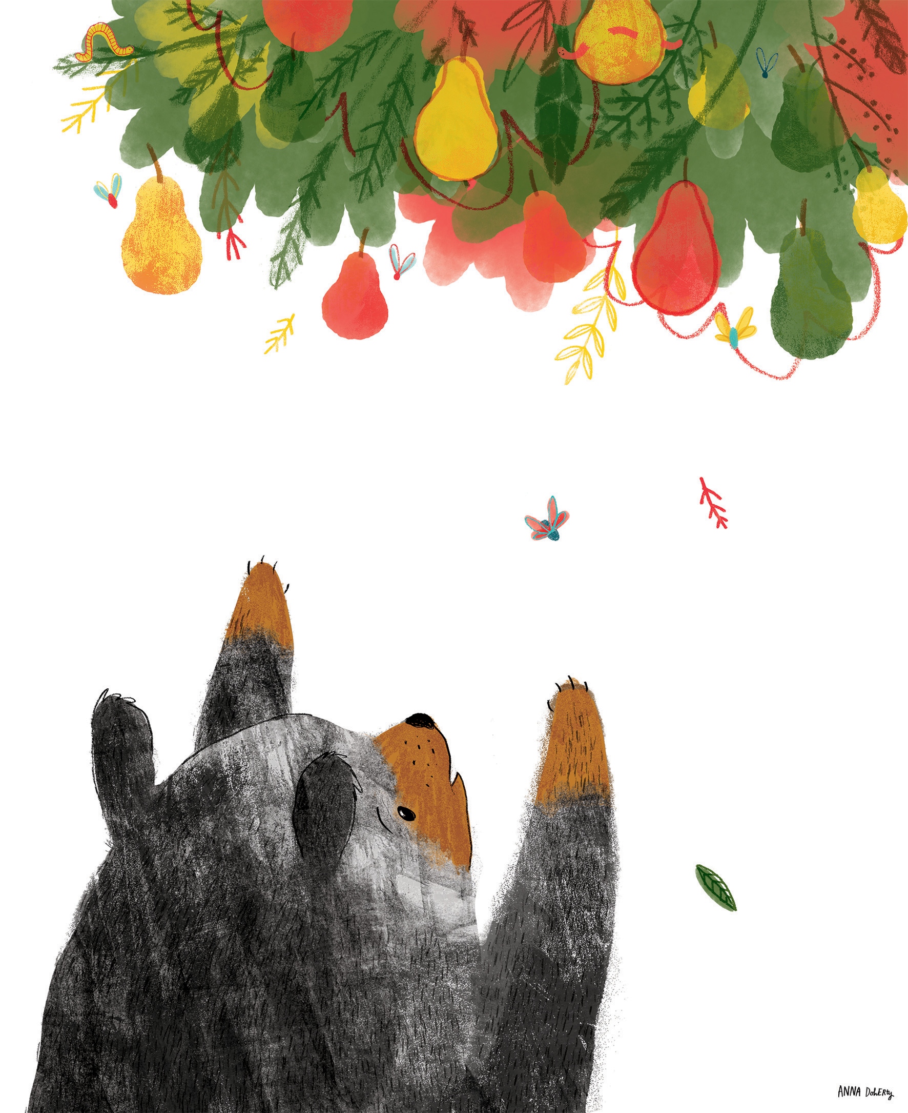 Illustration of a pile of autumn leaves and fruits head at the top of a furry animal, possibly a dog or wolf, with a small animal in its mouth, and insects flying around.