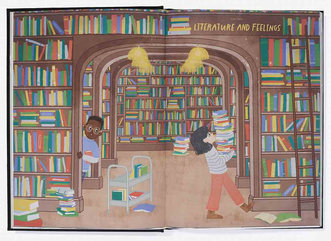 Children exploring a library with filled bookshelves, paper stacks, and ladders under warm lighting. Sign reads 'LITERATURE AND FEELINGS'.