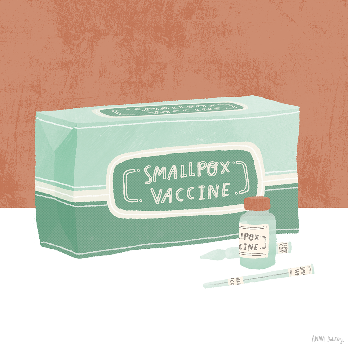 A box labeled "Smallpox Vaccine" with a small vial and two syringes in front of it on a white surface, with a textured background.