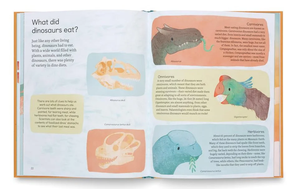 Open book with illustrations of three dinosaur skulls and descriptions of their eating habits, including carnivores, omnivores, and herbivores.