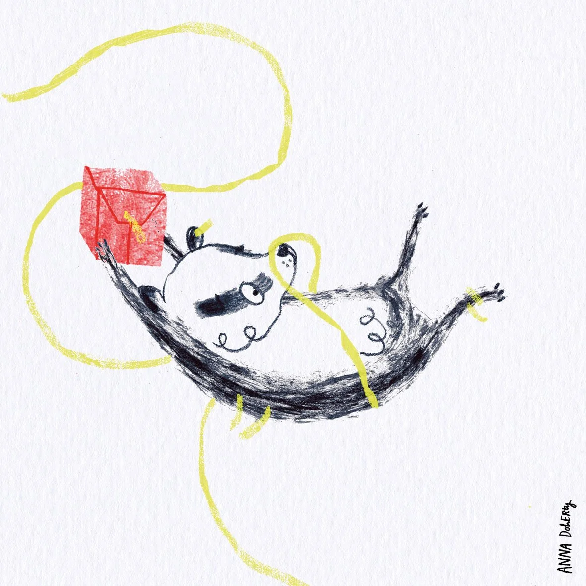 A black and white cat with a dark patch over one eye, lying on its back, holding a red present with yellow string, and yellow string trails around. Signature "Anina Doerre" in the bottom right corner.