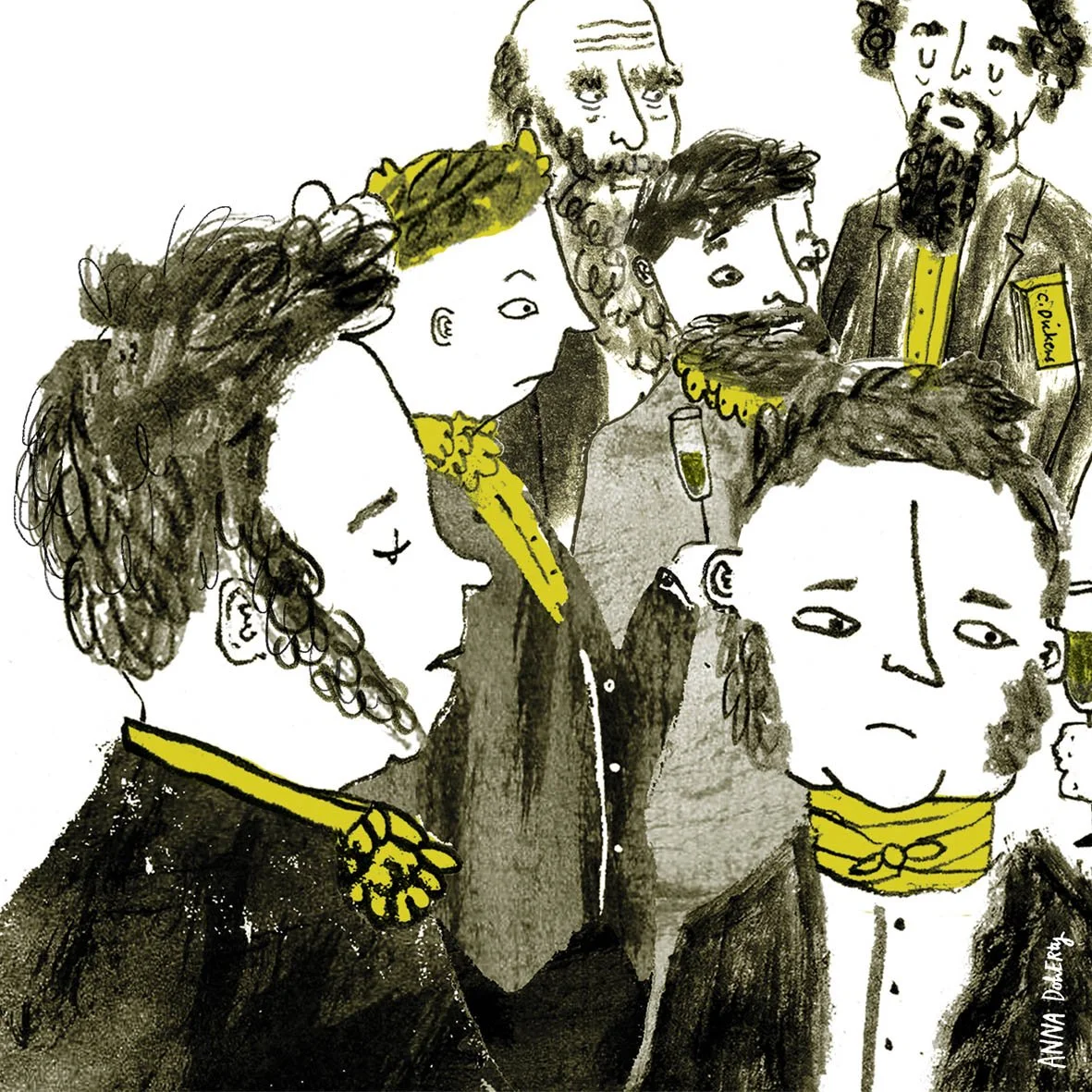 A group of people in formal attire, with some wearing yellow tie and badge labeled 'COVID-19,' appearing concerned or serious, in a cartoon style.