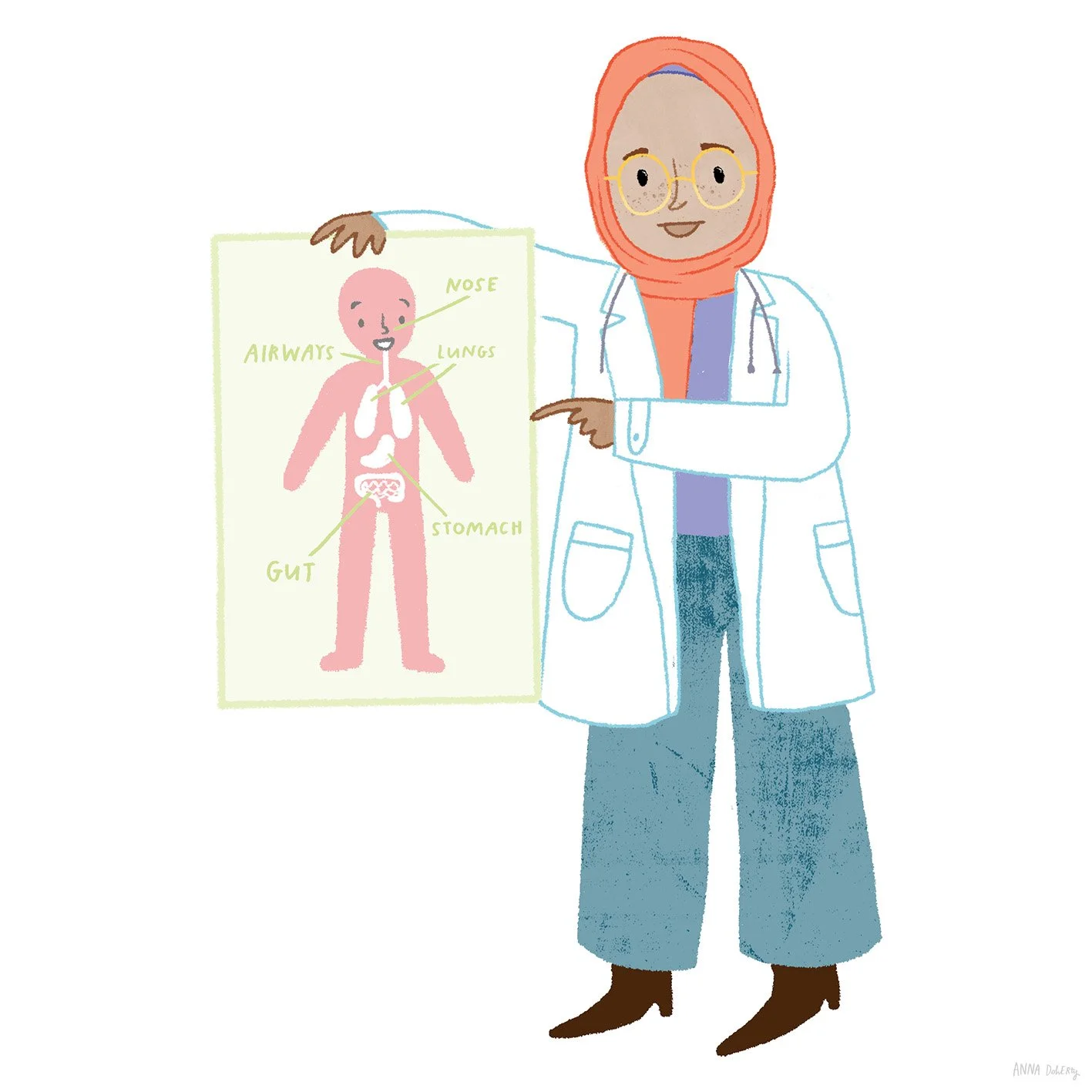Illustration of a female doctor with a hijab pointing to a diagram of the human body. The diagram labels the nose, Airways, Lungs, Stomach, and Gut.