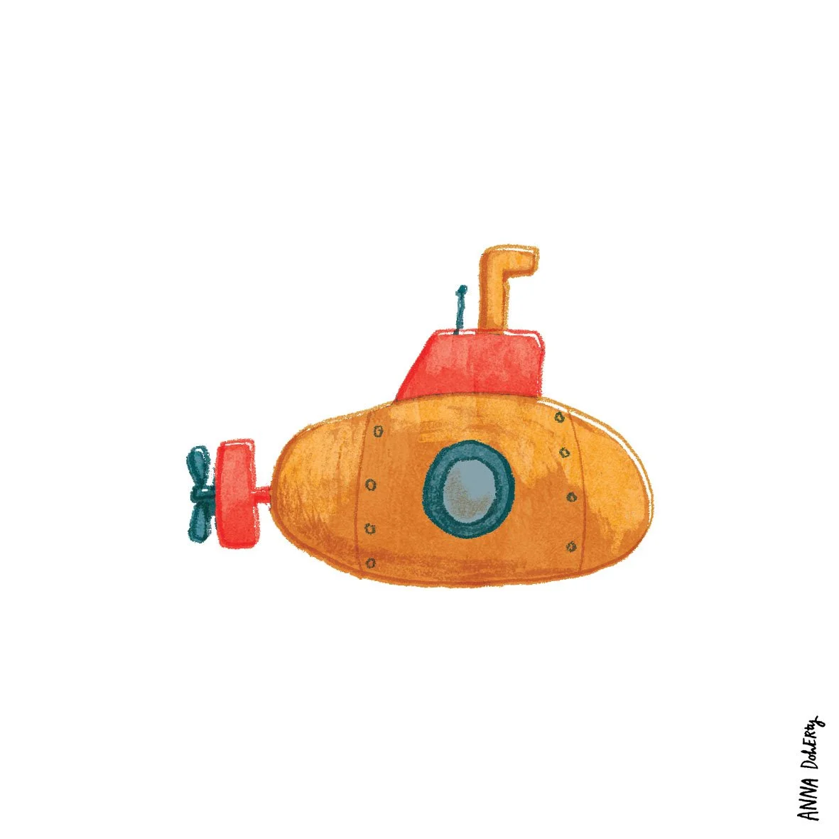 Hand-drawn illustration of an orange submarine with a red conning tower, a small blue antenna, a periscope, and a propeller at the back.