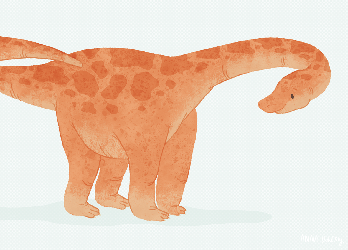 Illustration of a long-necked dinosaur with orange skin and darker spots, standing on four legs with a small head and tail.