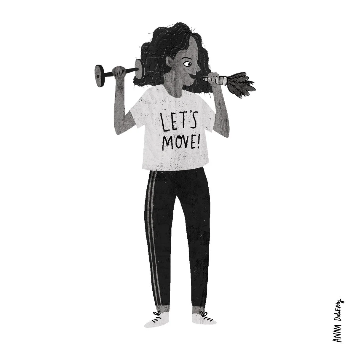 Drawing of a woman with curly hair holding a dumbbell in one hand and a leafy branch in the other, wearing a T-shirt that says "Let's Move!" and athletic pants.